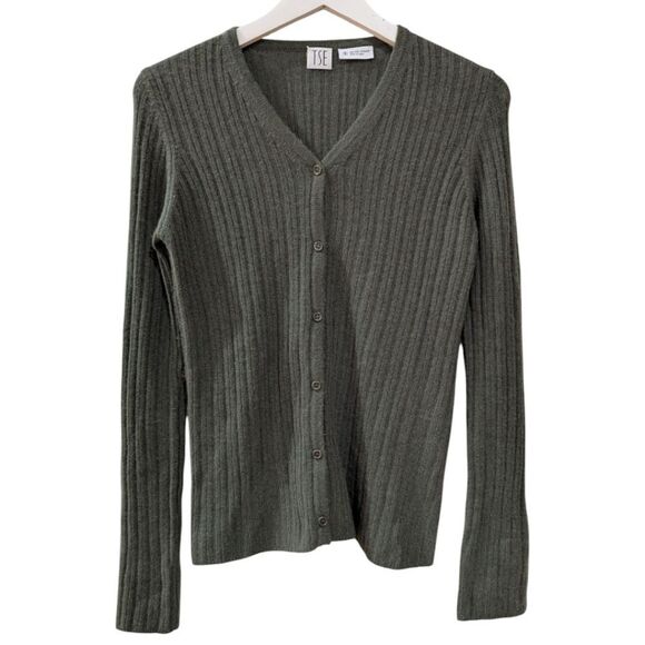 TSE Women's Small Green 100% Cashmere Ribbed Knit Button Sweater Lightweight - Picture 1 of 3